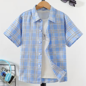 Boys' Casual Stylish Blue Checkered Short-Sleeve Shirt