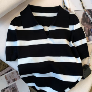 New Fashion Contrast Stripe Lapel Short-Sleeve Top