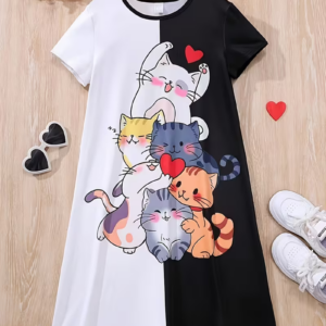 Cute Cat Print Color Block Dress