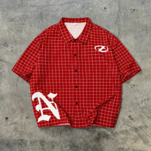 A Red Checkered Short-Sleeve Shirt with White Logos And Letter Prints