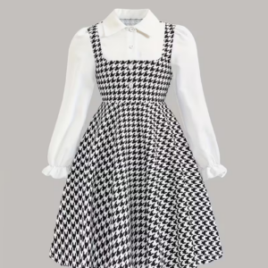 Houndstooth Dress with Ruffled Collar & Short Sleeves