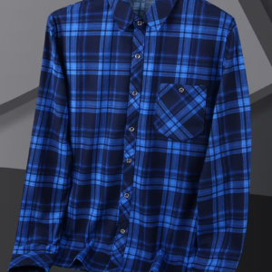 Royal Blue Men's Plaid Long Sleeve Shirt with Chest Pocket