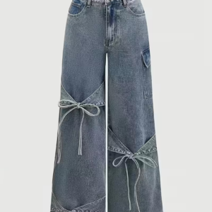 Women's Vintage-Inspired Wide-Leg Jeans with Bow Tie Design