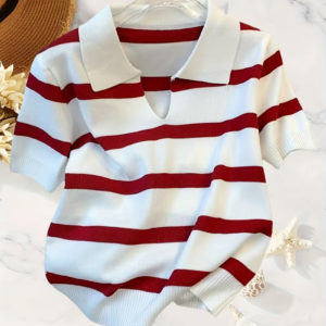 Contrast Stripe Lapel Short-Sleeve Top